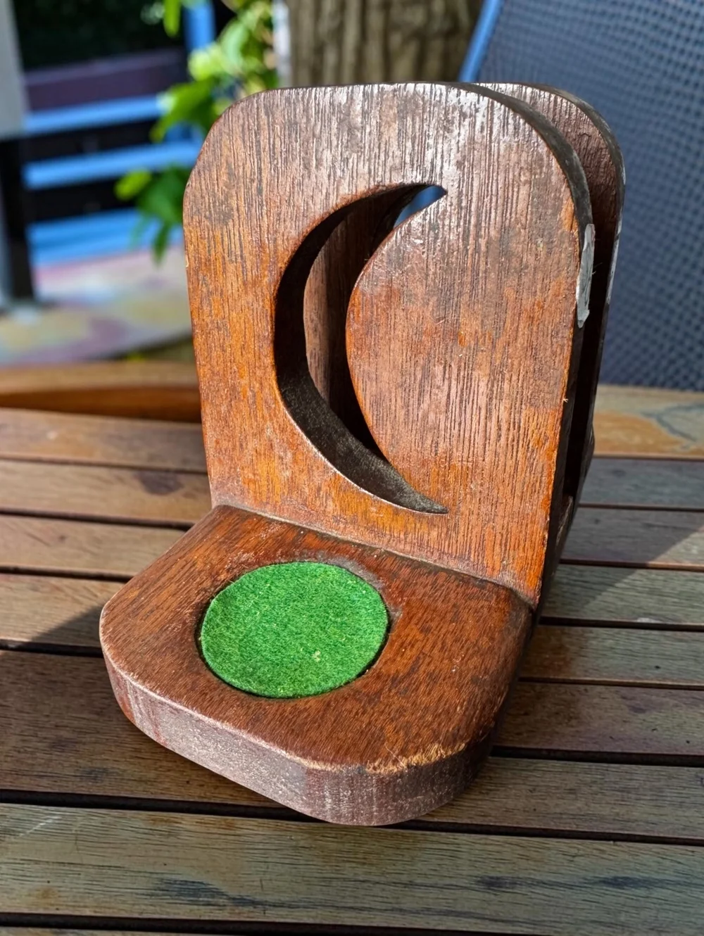 Vintage Wooden Napkin Holder Salt Pepper Caddy Green Felt Crescent Cutout